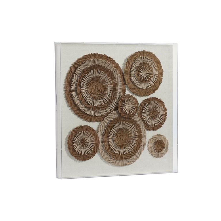 A framed canvas wall decor featuring overlapping circular brown patterns on a white background