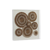 A framed canvas wall decor featuring overlapping circular brown patterns on a white background