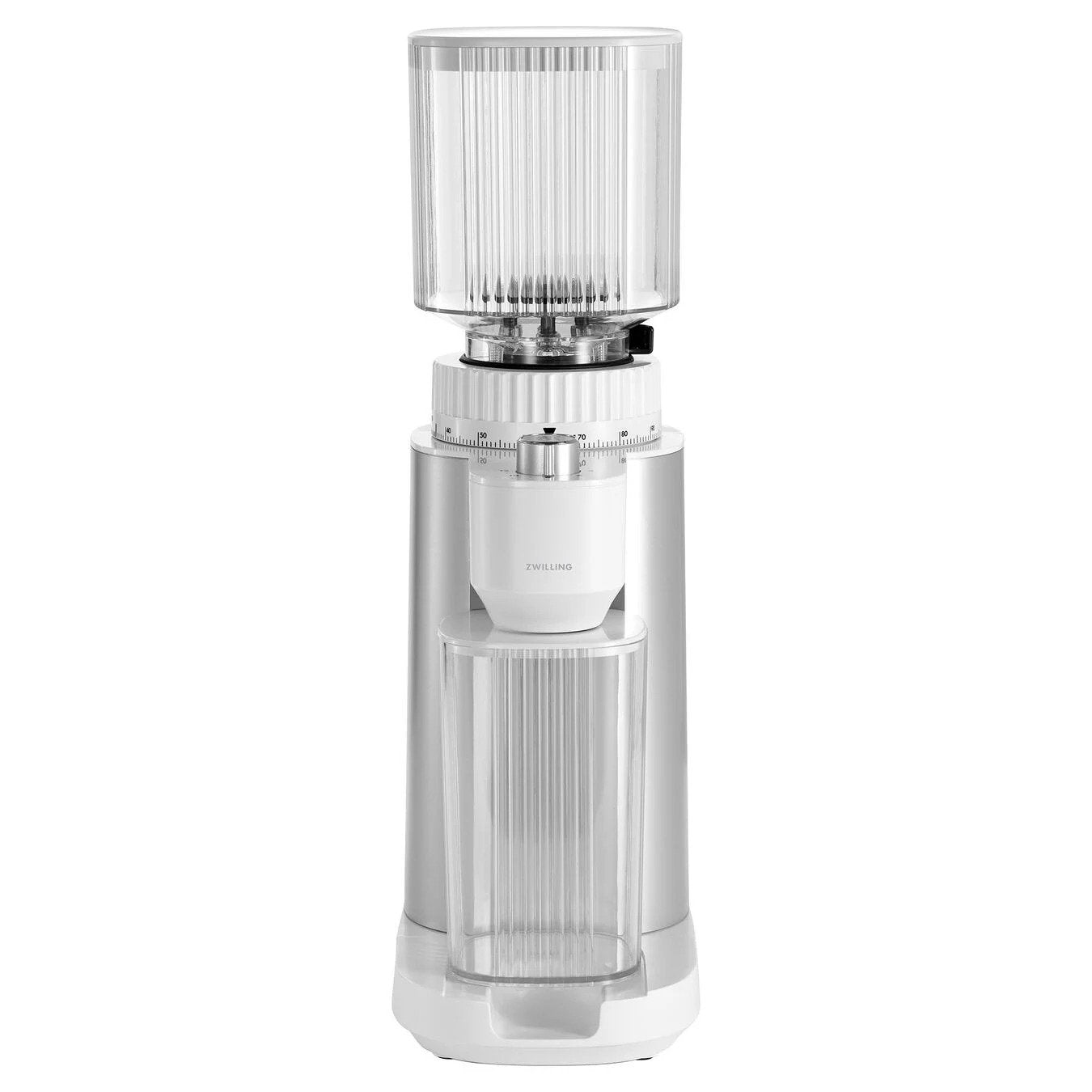 A white Enfinigy coffee bean grinder with a transparent upper section and a silver-colored base.