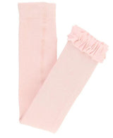 A pair of pink tights for children with a ballet pink stripe floral design, laid flat.