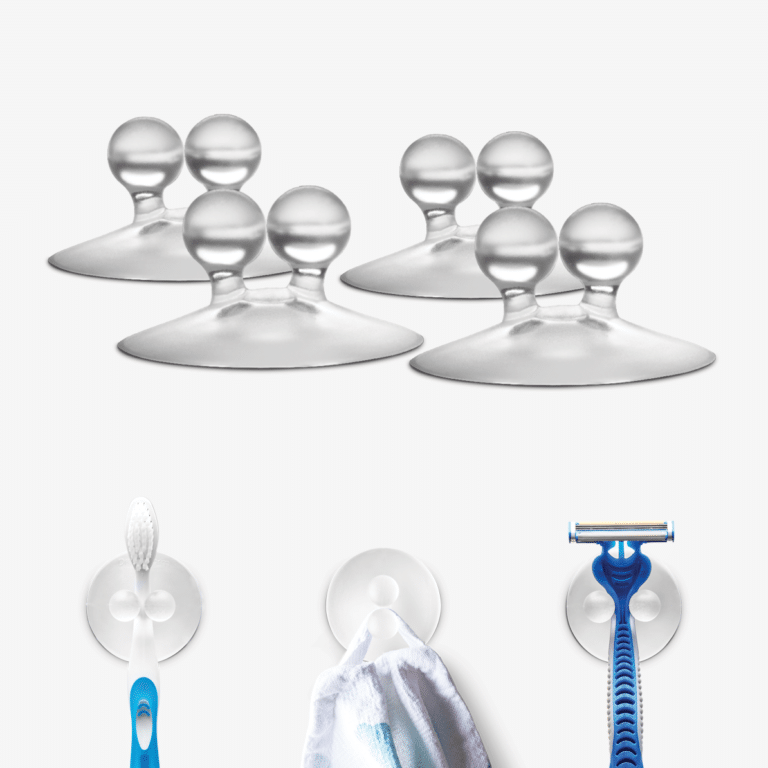 This image features a set of silicone suction cups, displayed in various states of use. The suction cups are clear, allowing you to see the silicone texture and the vacuum chamber that holds the air.