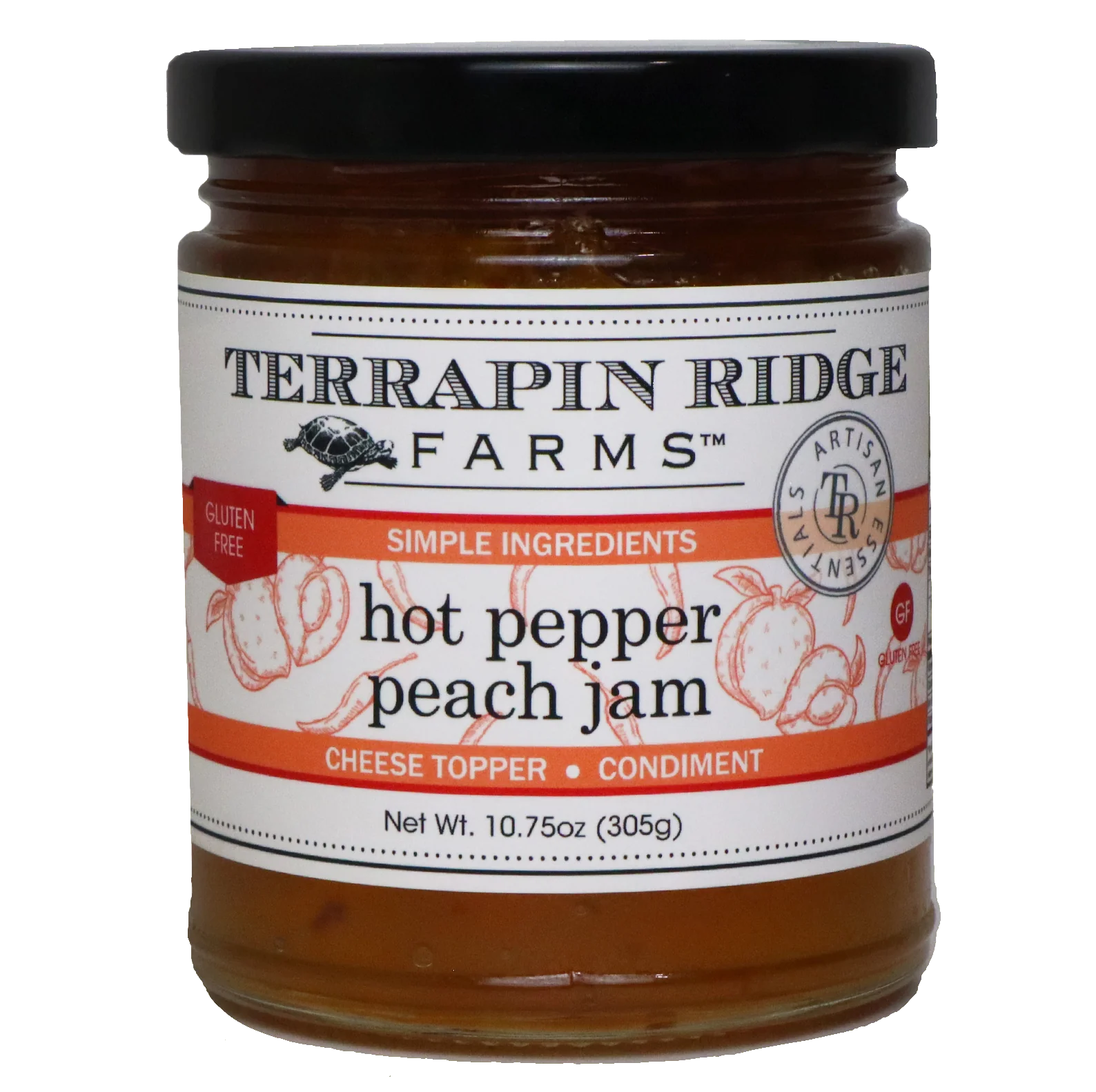 A jar of Terrapin Ridge Farms Hot Pepper Peach Jam with the label facing forward. The label indicates that the jam is gluten-free, simple ingredients, and has no fat.