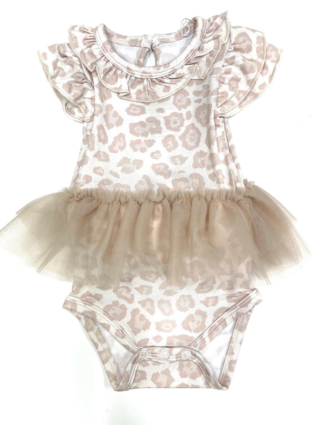 A beige and brown animal patterned onesie with a tutu skirt and ruffled sleeves.