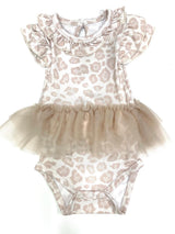 A beige and brown animal patterned onesie with a tutu skirt and ruffled sleeves.