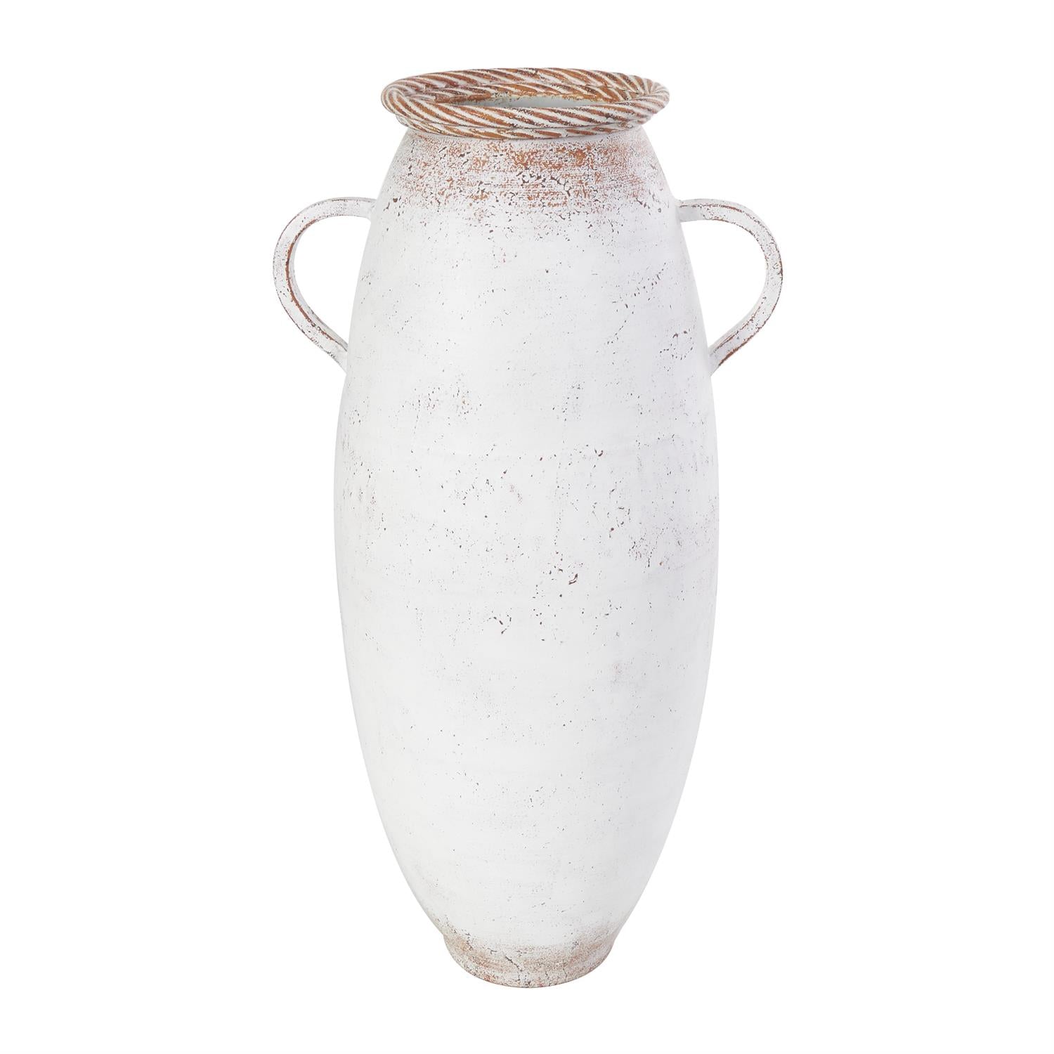 A white ceramic vase with a woven handle on top, set against a plain background.