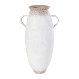 A white ceramic vase with a woven handle on top, set against a plain background.