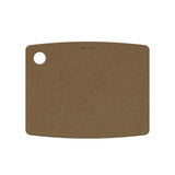 A rectangular brown cutting board made of natural wood, with a hole for hanging.