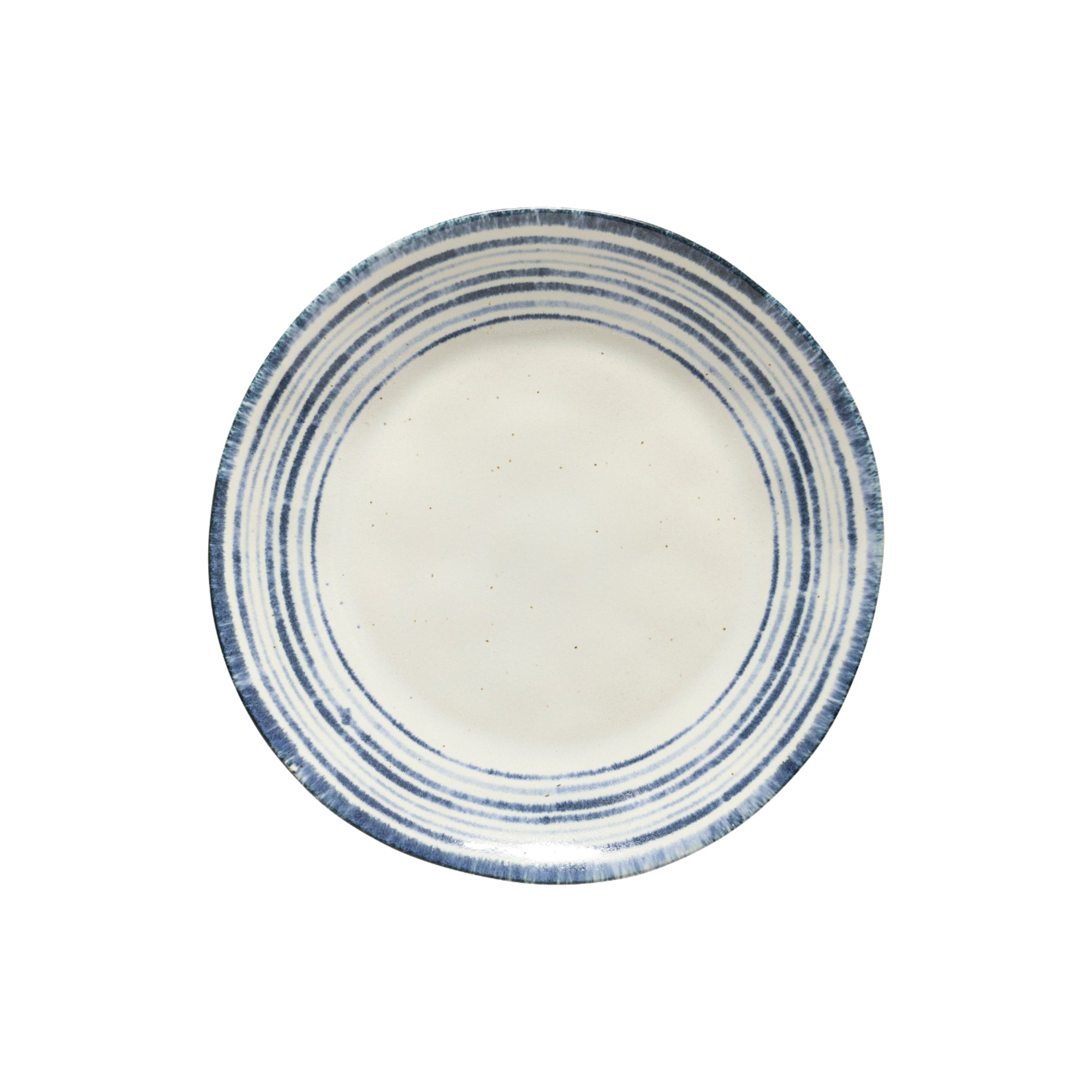 A ceramic cereal bowl with a blue and white rimmed design on a white background.