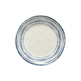 A ceramic cereal bowl with a blue and white rimmed design on a white background.