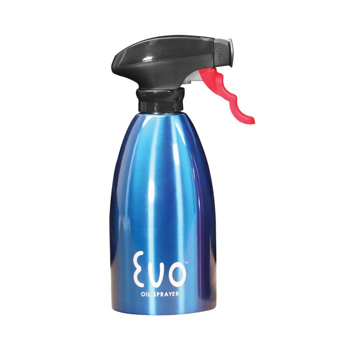 A stainless steel blue oil sprayer bottle with a black trigger and red trigger guard, labeled 'EVO OILSPRAYER'.