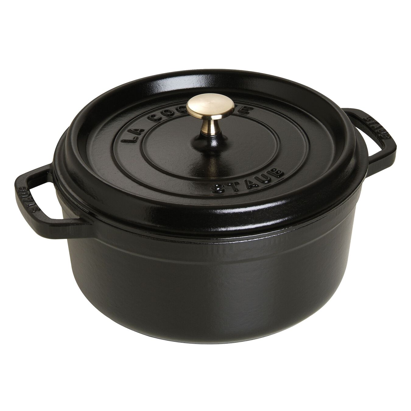 A black Staub Cocotte enameled Dutch oven with a lid and a handle on the side.