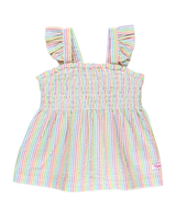 A multicolored striped tank top with adjustable straps.