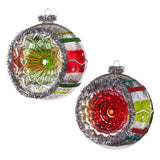 Two vintage Christmas ornaments featuring reflector balls with silver, red, and green colors and decorative patterns.