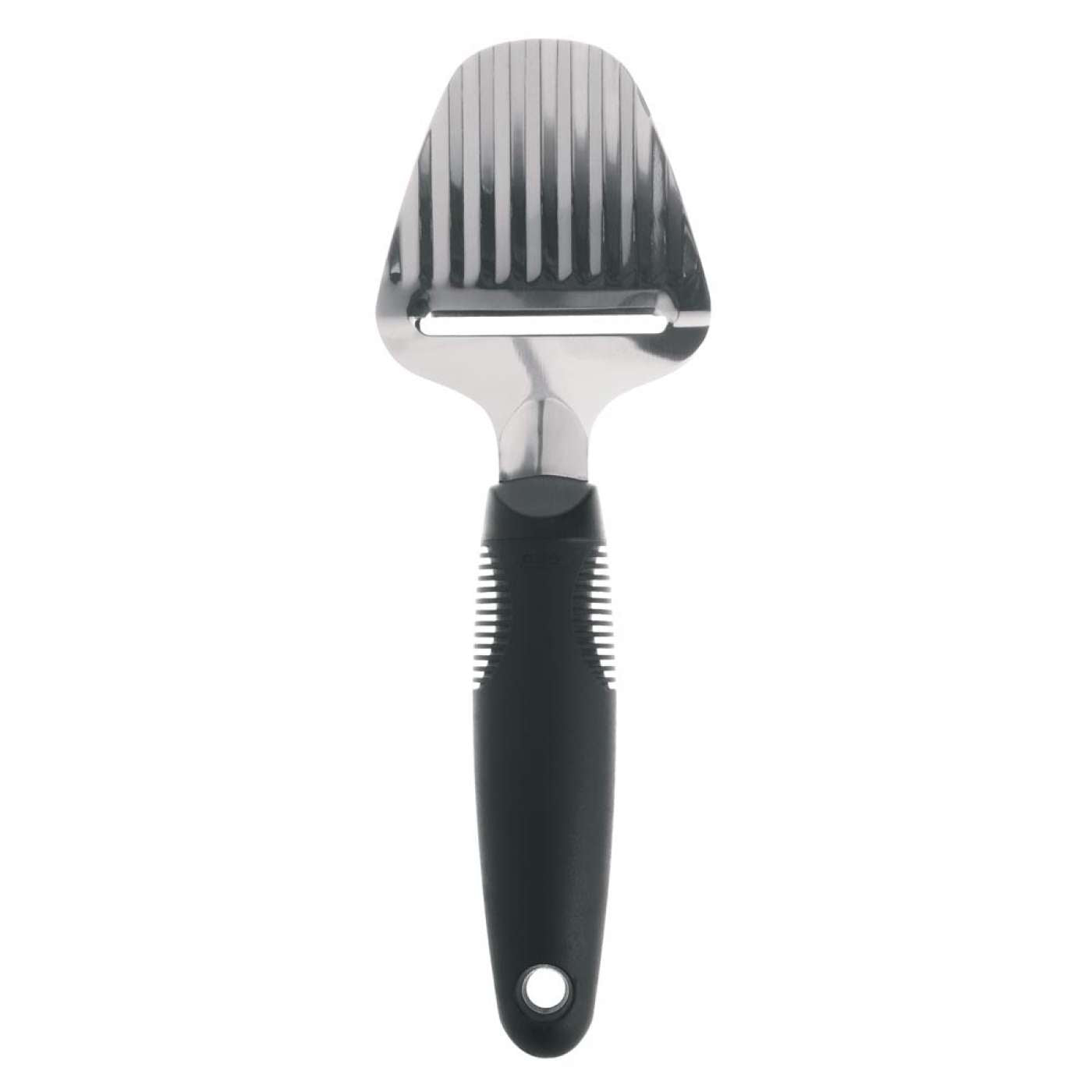 A stainless steel cheese plane with a black ergonomic handle and a flat base with serrated edges.