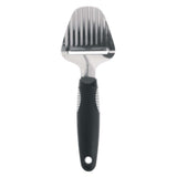A stainless steel cheese plane with a black ergonomic handle and a flat base with serrated edges.