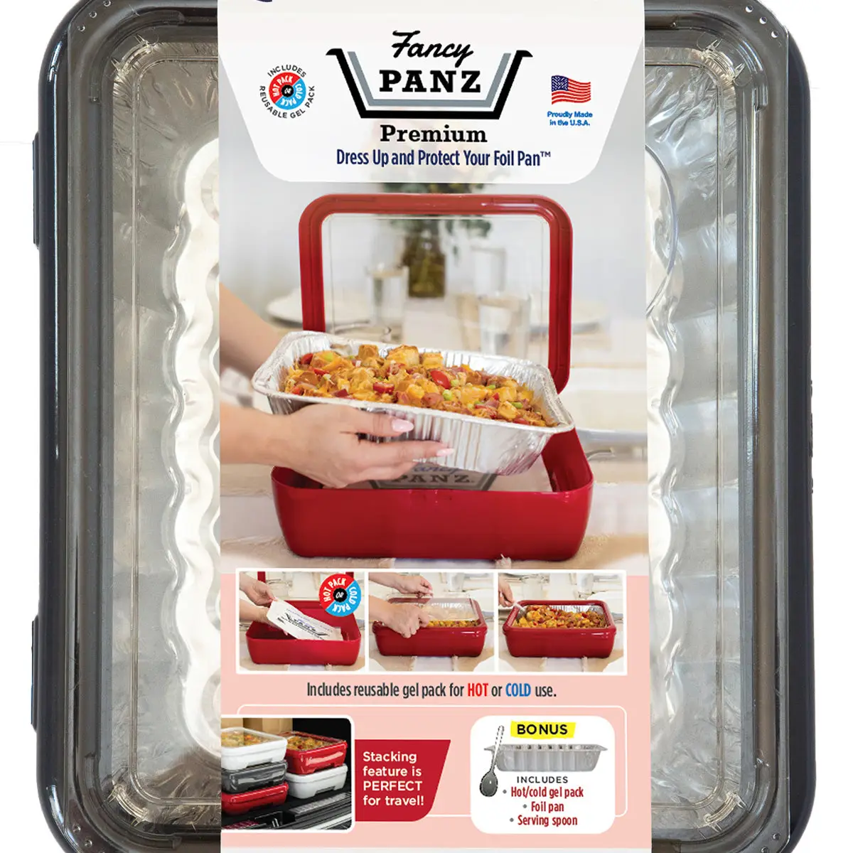 Packaging of FANCY PANZ Premium casserole carrier showing the product in use, protecting a foil pan with its lid.