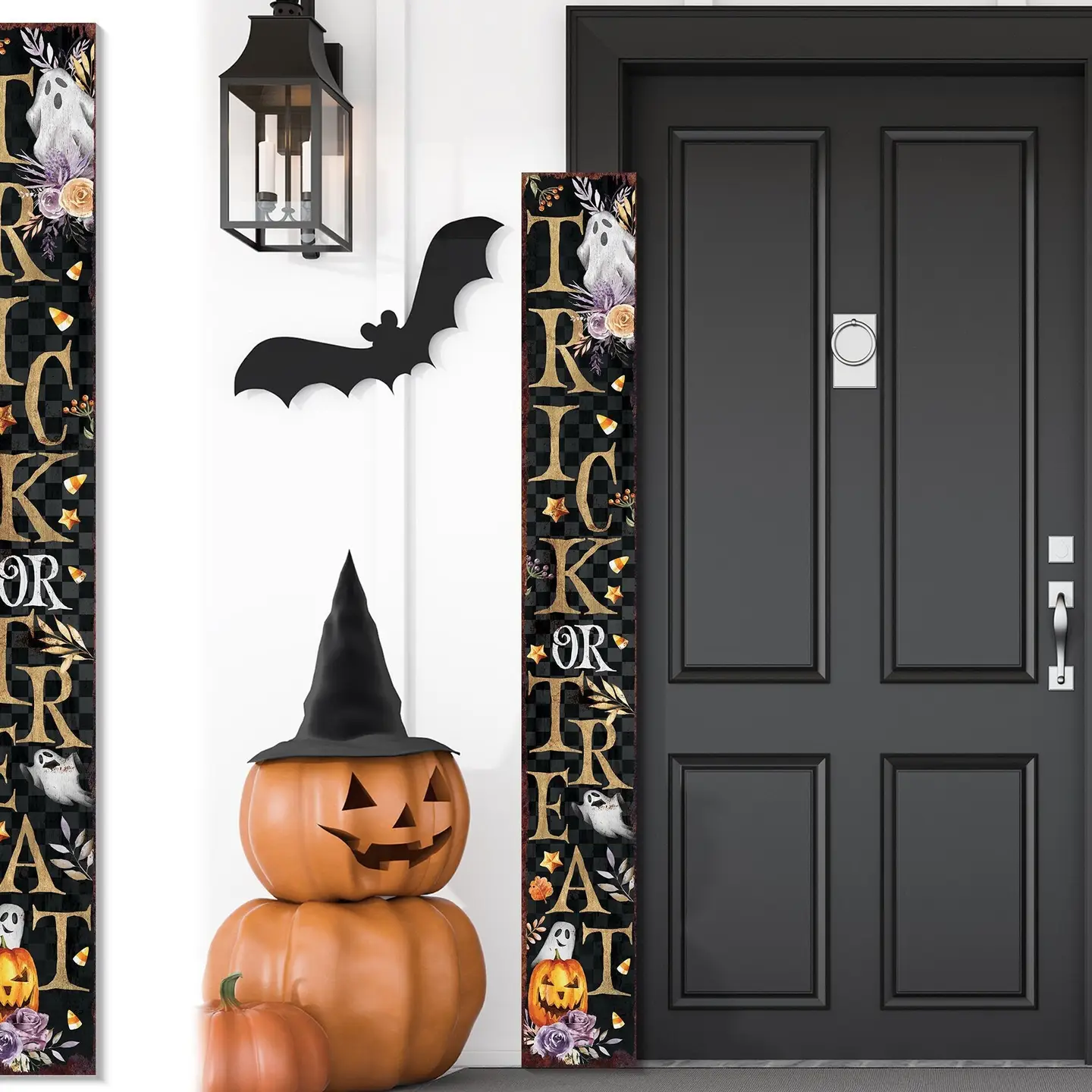 A festive 72 inch Trick or Treat Halloween porch sign displayed on a front porch, featuring black background with white text and Halloween-themed illustrations like bats and pumpkins.