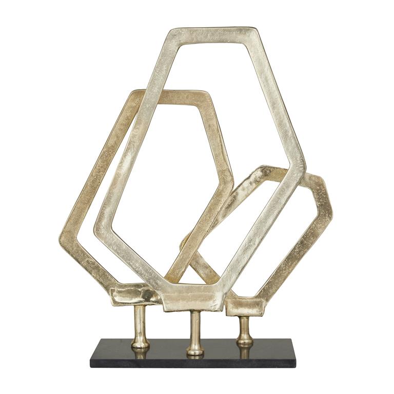A modern sculpture made of marble and aluminum, featuring a geometric design, displayed against a white background.