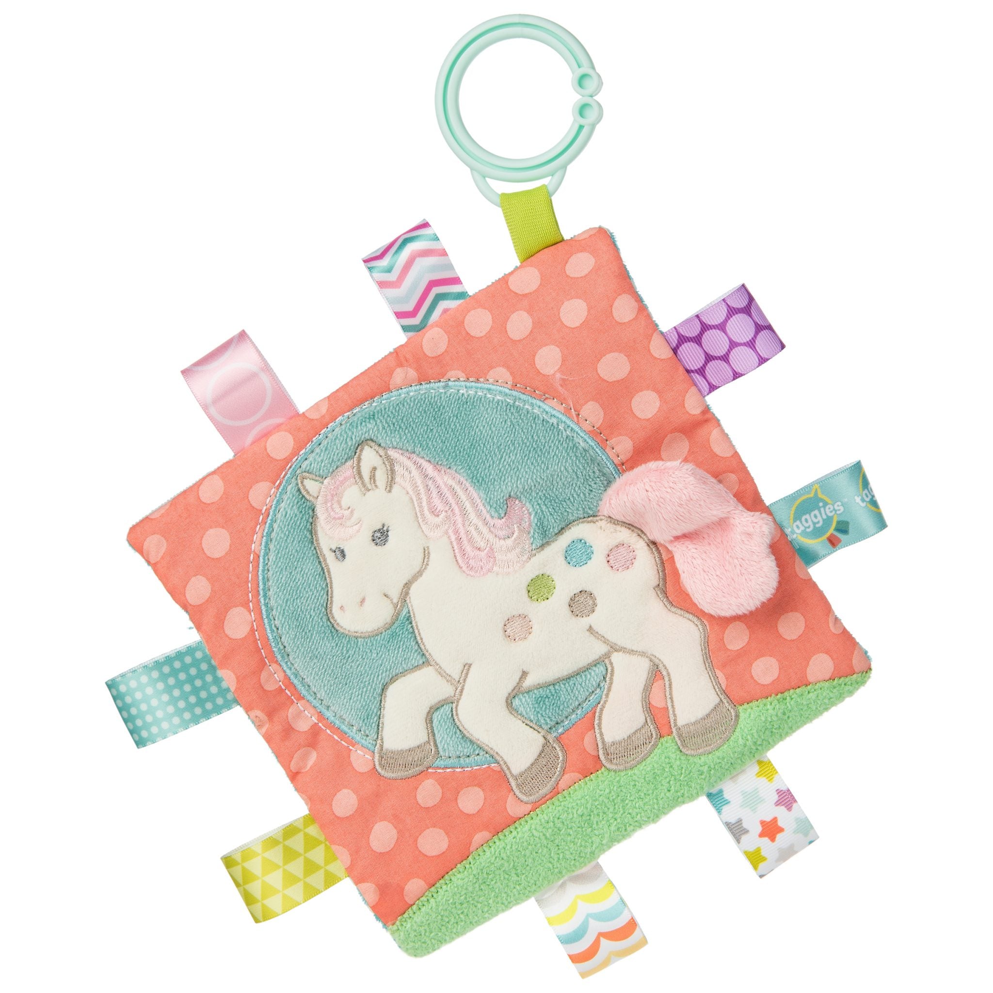 A multicolored baby security blanket with a deer pattern and tags around the edge.