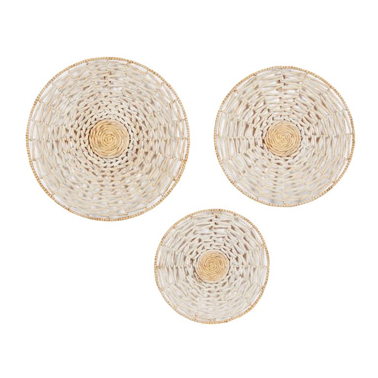 Three round woven wall art pieces with a geometric pattern and a golden-brown color in the center.