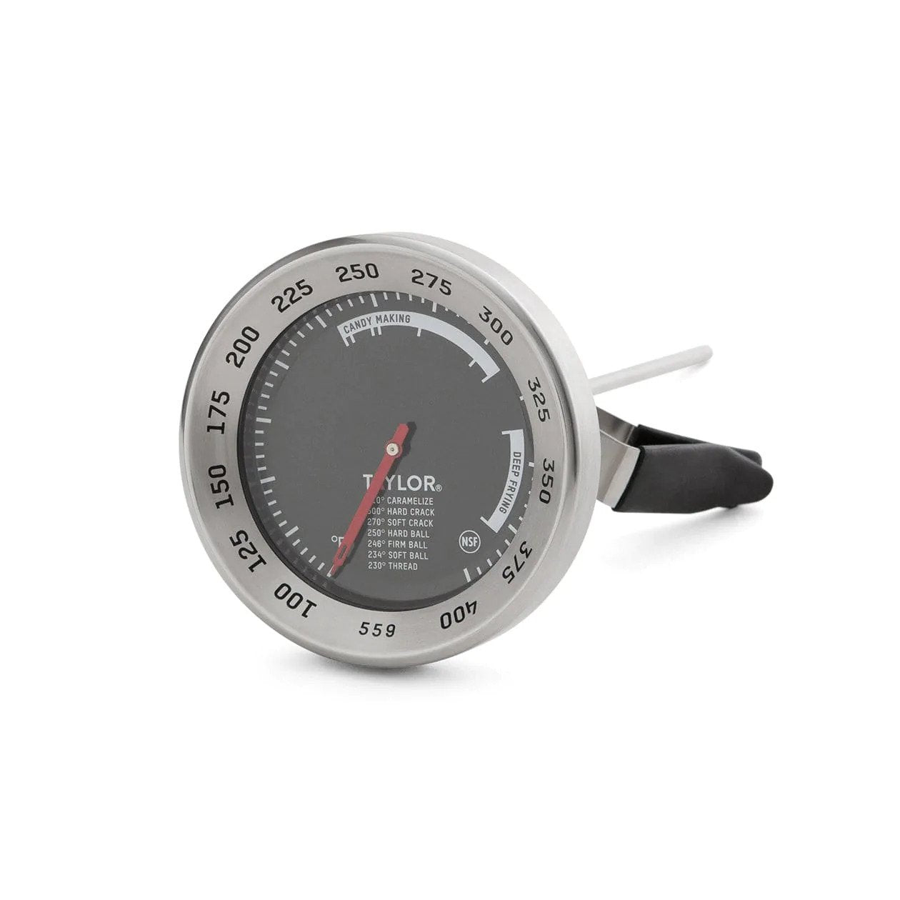 Analog candy deep fry thermometer with a black probe and silver body, featuring temperature readings from 100 to 390 degrees Fahrenheit.