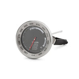 Analog candy deep fry thermometer with a black probe and silver body, featuring temperature readings from 100 to 390 degrees Fahrenheit.