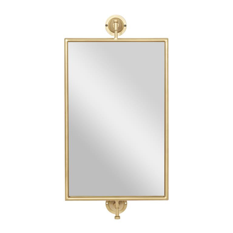 A wall-mounted oval metal mirror with a gold frame and reflective surface.