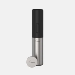 An electric corkscrew with a foil cutter, predominantly silver in color, with a black top and bottom.