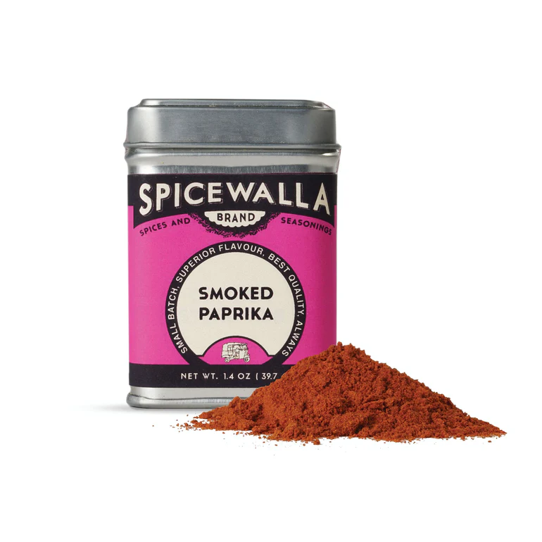 A small tin of Spicewalla Smoked Paprika with the label facing forward. The label indicates that the product is a 'Smoke & Brands' product of Spain, net weight 1 oz (27g).