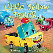 Book cover of 'Little Yellow Truck' with colorful vehicles on a beach.