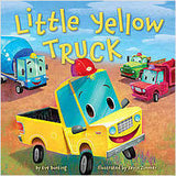 Book cover of 'Little Yellow Truck' with colorful vehicles on a beach.