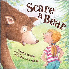Book cover of 'Scare a Bear' with a bear and a girl in a forest setting