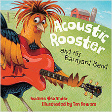 Book cover of 'Acoustic Rooster and His Barnyard Band' with a rooster playing guitar.