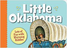 Book cover of 'Little Oklahoma' with a covered wagon illustration and child figure.