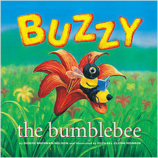 Book cover of 'Buzzy the Bumblebee' with a colorful bumblebee illustration on a green background.