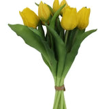 Bouquet of yellow tulips with green leaves on a white background