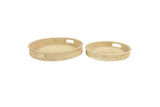Two round rattan trays, one stacked on top of the other, with a textured golden-brown surface.