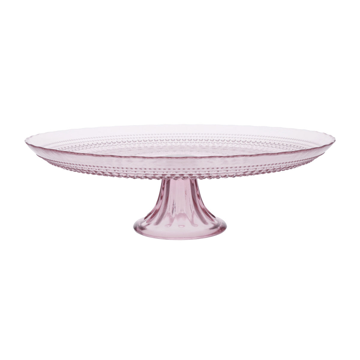 A pink, round cake stand with a textured edge and a sturdy, curved pedestal base.