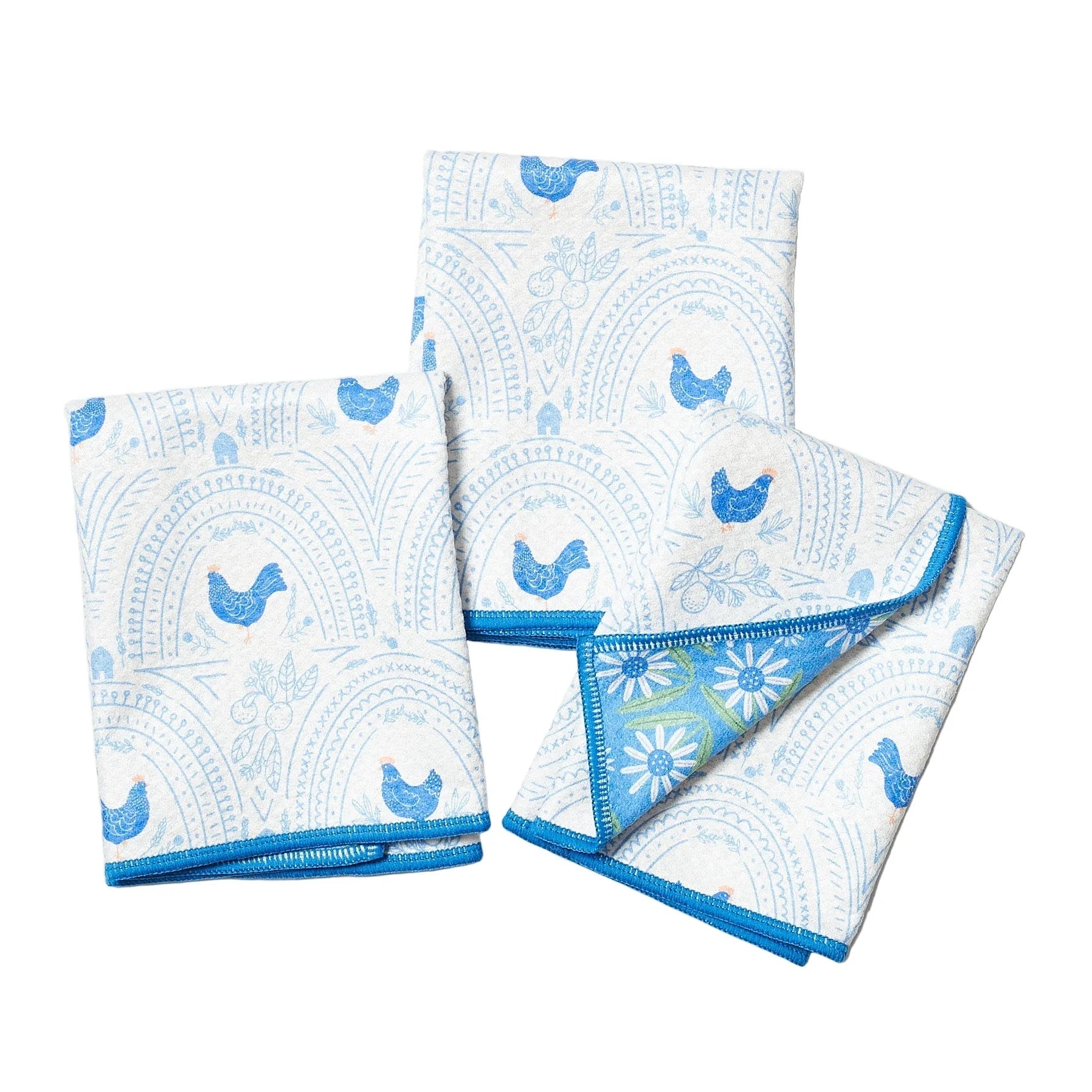 blue and white tea  towel set of 3 on white background