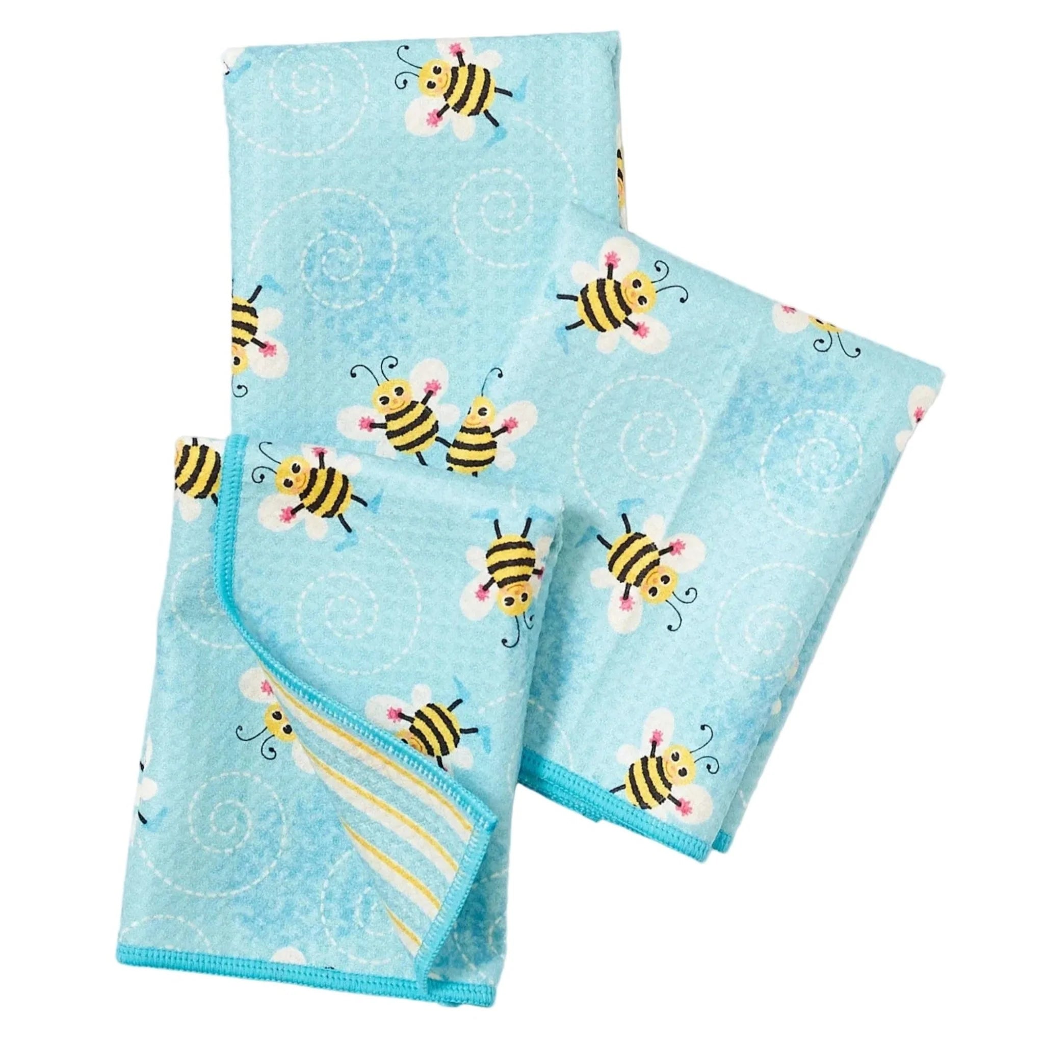 blue tea towel with bees on white background