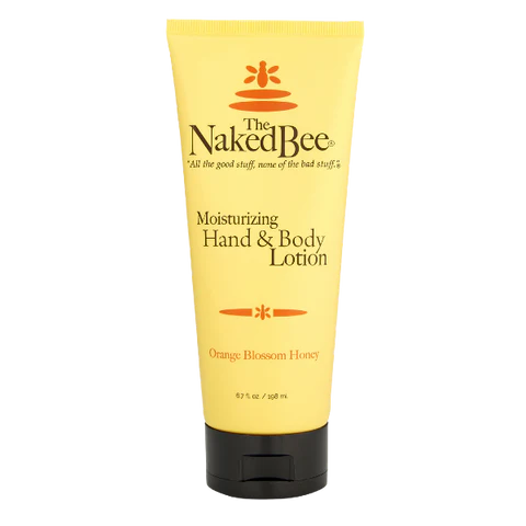 A yellow tube of Naked Bee Moisturizing Hand & Body Lotion with orange blossom honey scent.