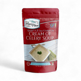 A stand-up pouch of Mon's Place Cream of Celery Soup, shown against a plain white background. The packaging is primarily red with a photo of the creamy soup in a bowl and celery stalks on the front.