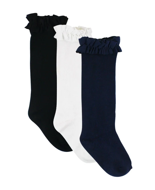 A set of three knee-high socks in black, white, and navy colors, with a ruffled design at the top.