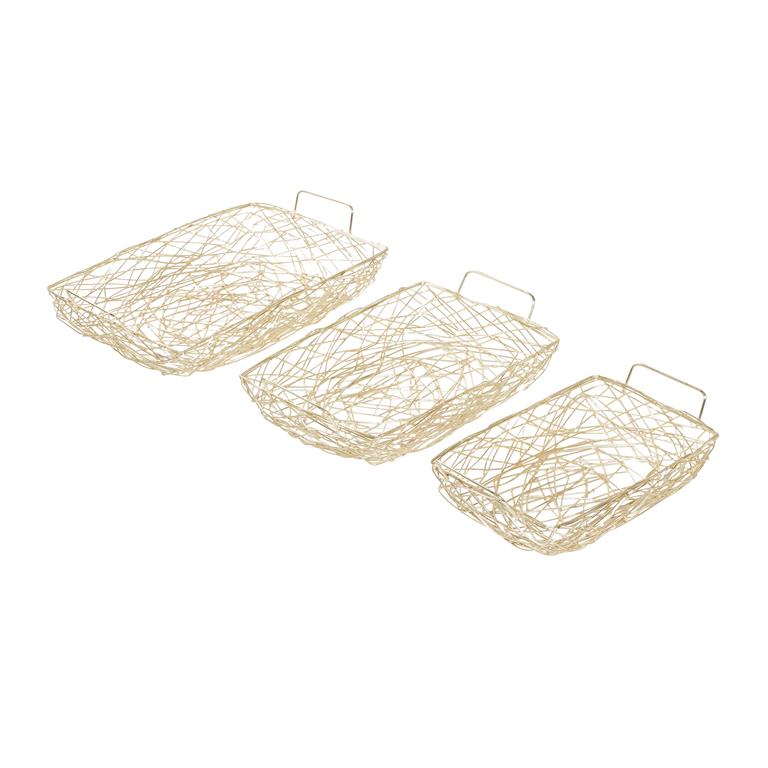 A set of three different sized metal trays with a geometric pattern and a handle on the side.