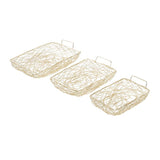 A set of three different sized metal trays with a geometric pattern and a handle on the side.