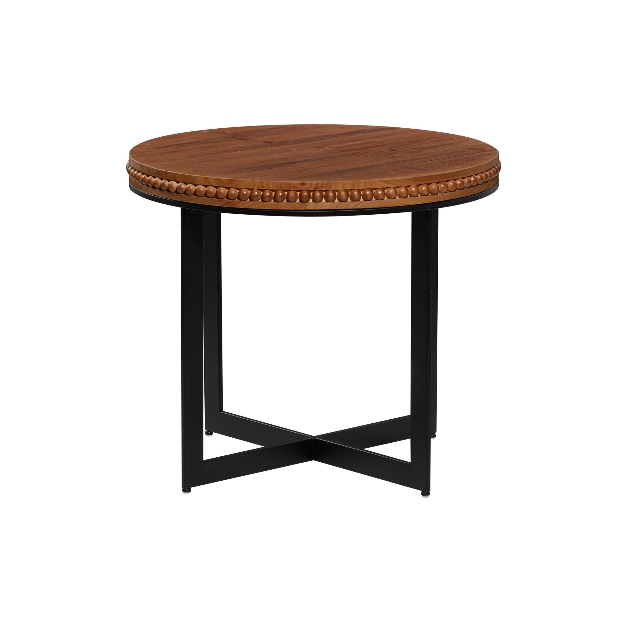 A round side table with a brown wood top on a black metal frame.