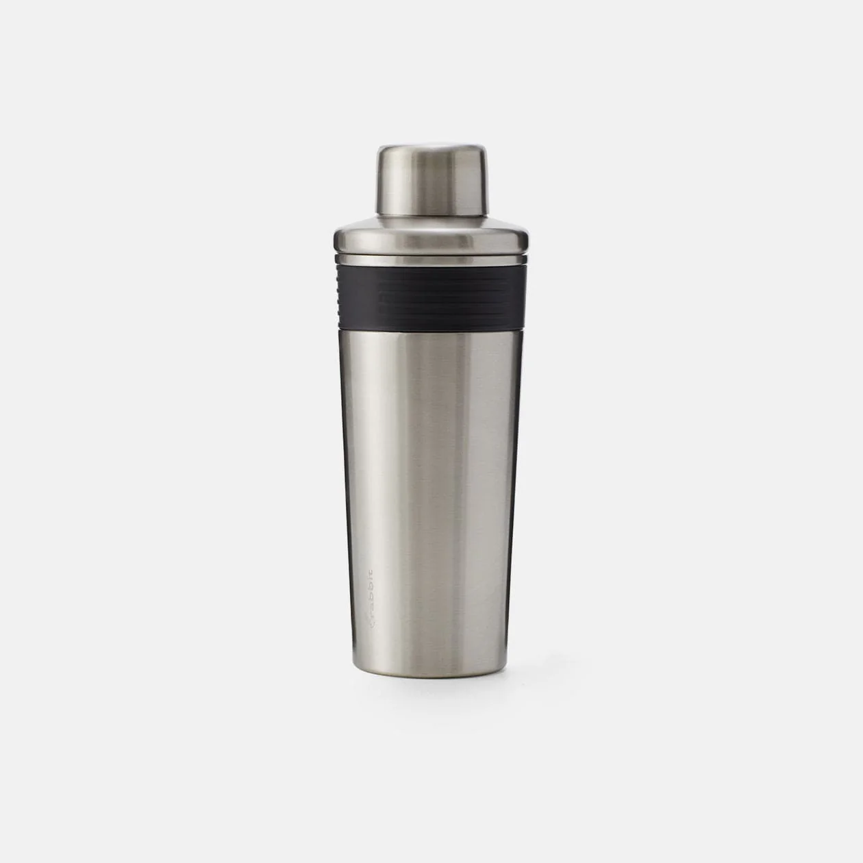 A stainless steel cocktail shaker with a lid and a handle.