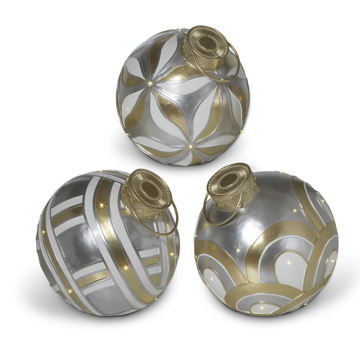 Three round resin holiday ornaments with silver color and geometric patterns, displayed against a white background.