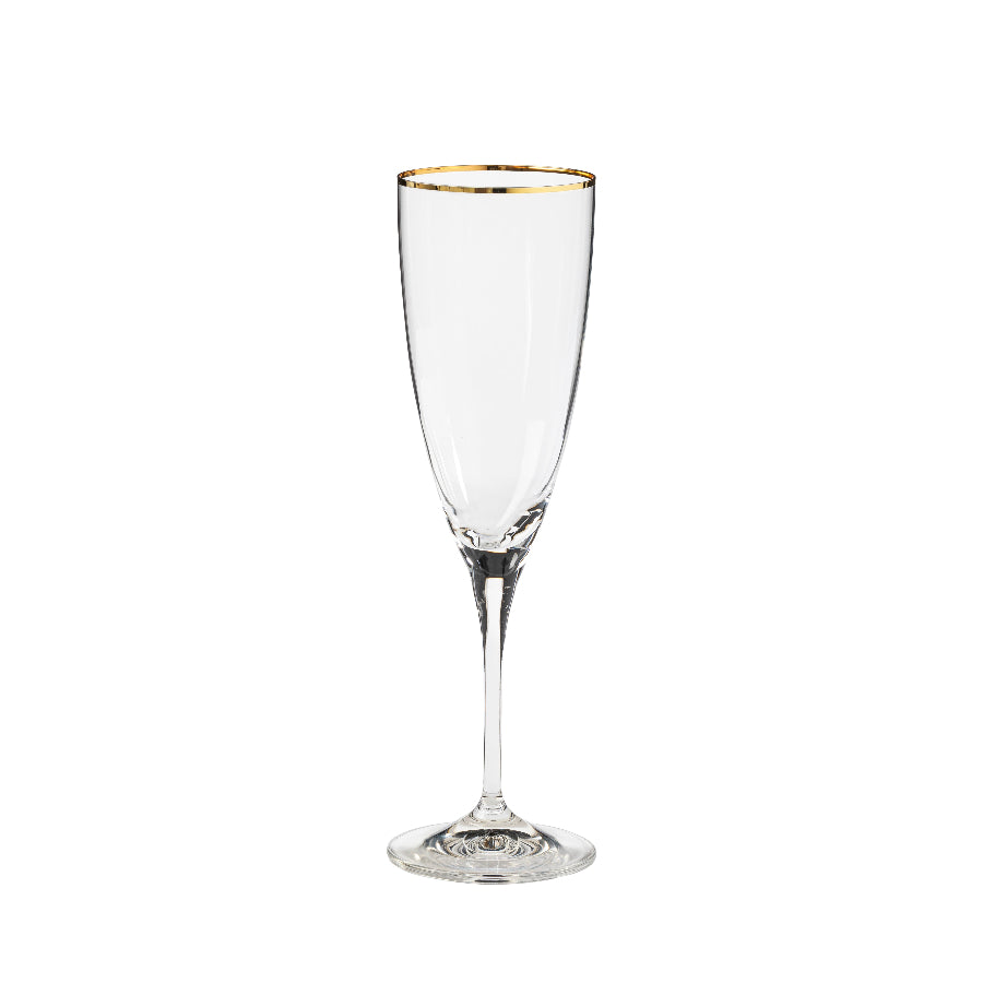 An elegant clear glass flute with a golden rim, standing upright against a white background.