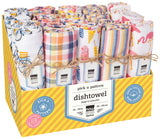 A display box containing rolled-up dishtowels in various patterns, tied with twine and labeled with the brand name and the product name 'dishtowel'.